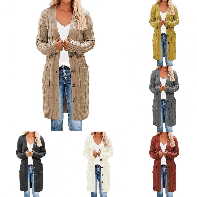 Trendy Solid Color Long Cardigan Sweater Thick Knitted Cardigan Button Down Long Knitted Coat for Daily Wear