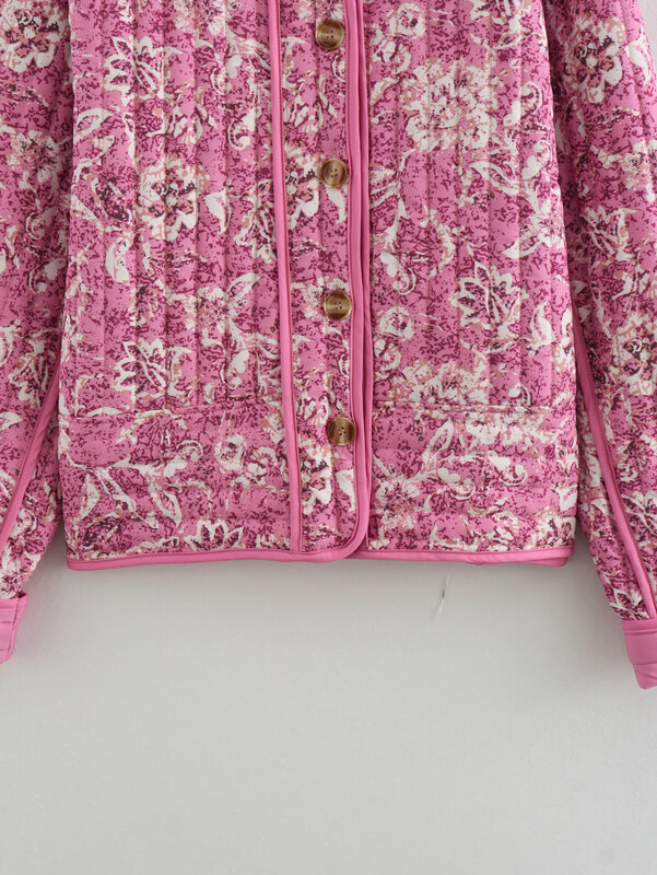 Manteau en coton matelassé imprimé à col montant pour femmes, manches longues rétro, haut boutonné chic, mode adt, nouveau, 2024