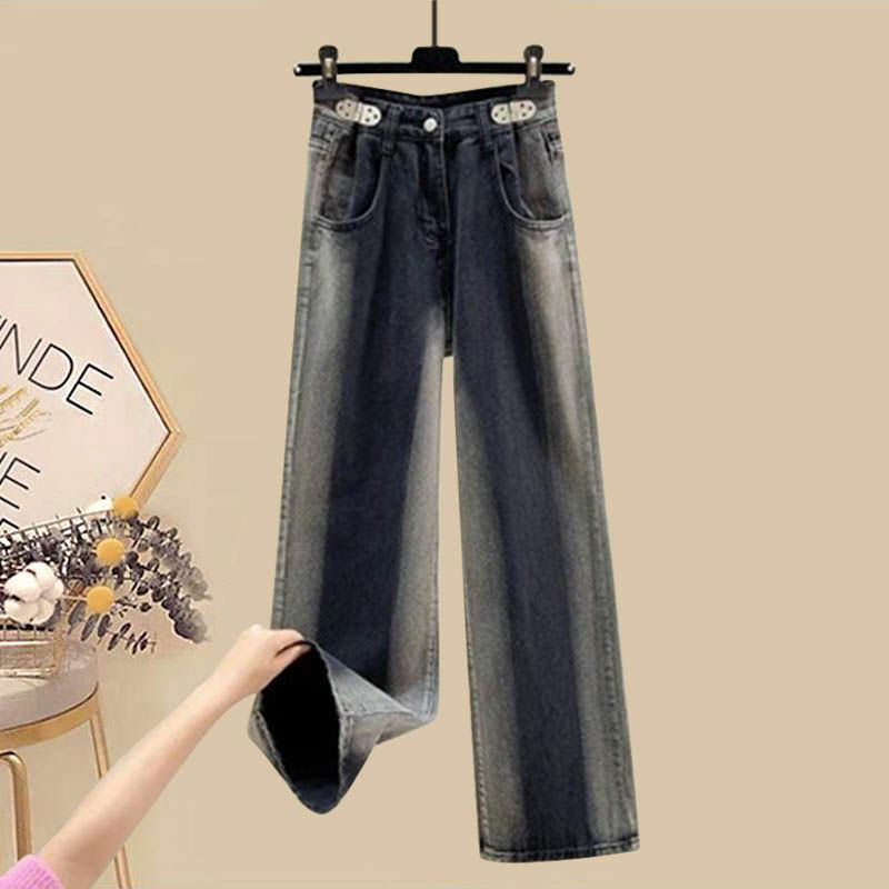 Conjunto de jeans e top de pescoço quadrado feminino, emagrecedor, tamanho grande, versão coreana, na moda, primavera, verão, novo, 2024, 2 peças