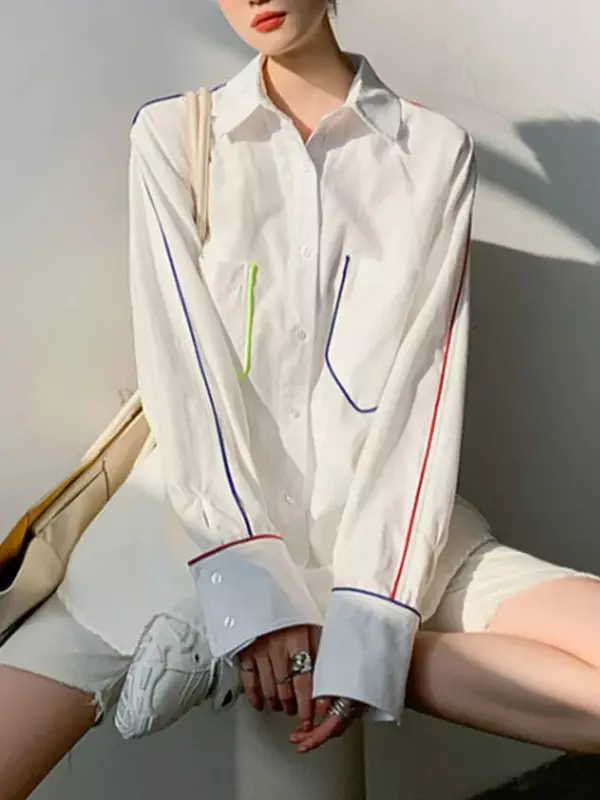Kemeja wanita Korea, Kaus wanita lengan panjang longgar lengan panjang Single Breasted kerah Polo Solid Vintage kasual elegan mode musim semi