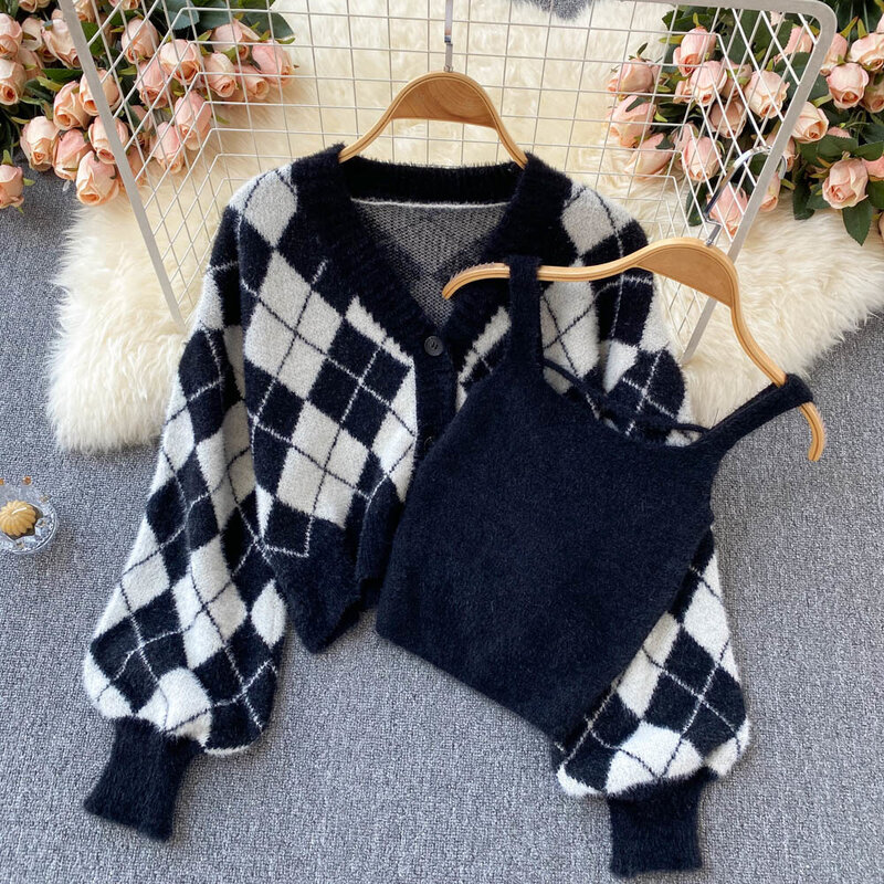 Casual Women Knitted 2 Piece Set 2024 New Autumn Fashion Color Match Argyle Long Sleeve Sweater Cardigan With Knitting Camis Top