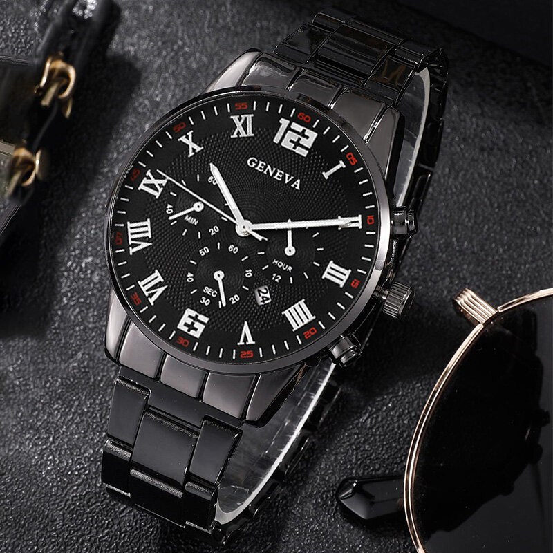 3 zestaw PC modne męskie zegarki kalendarz biznesowy męskie w stylu Casual, czarny bransoletka naszyjnik ze stali nierdzewnej kwarcowy zegarek Relogio Masculino