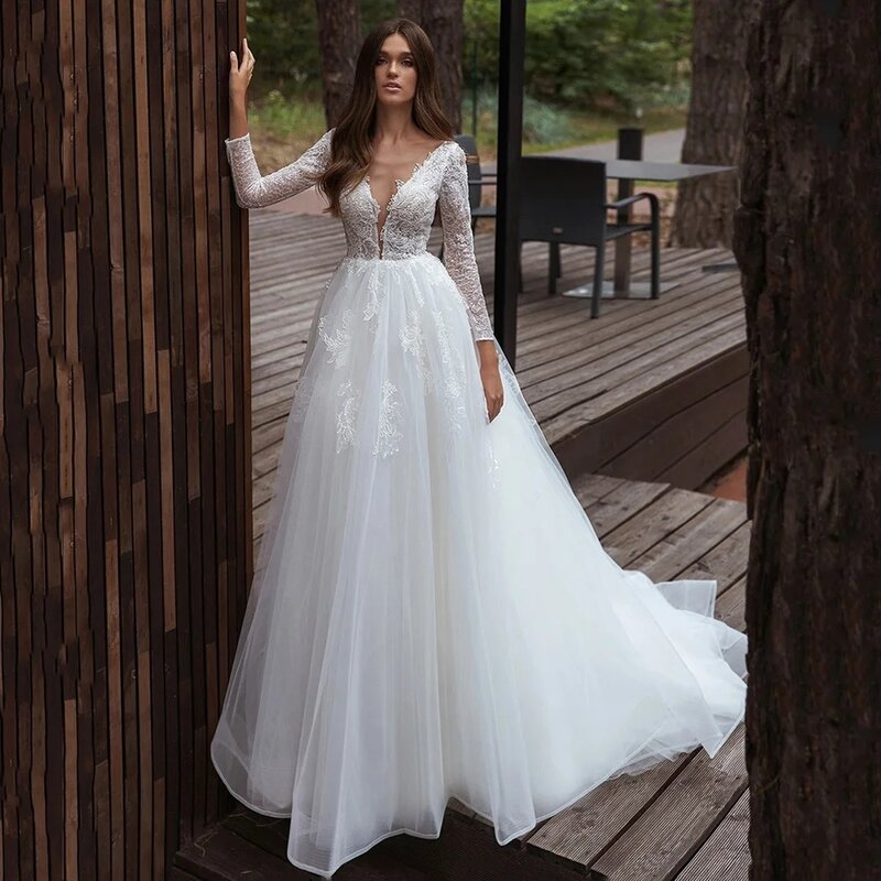Женское свадебное платье It's yiiya, белое кружевное платье трапециевидной формы с длинным рукавом, аппликацией и V-образным вырезом на лето 2019