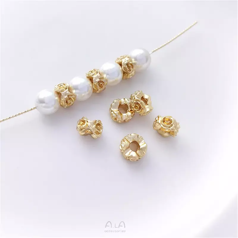 Guirxiété de roses remplie d'or 14 carats, perles en forme de fleur à grand trou, bracelet de perles cordées à la main, collier, accessoires de bijoux de bricolage, C313