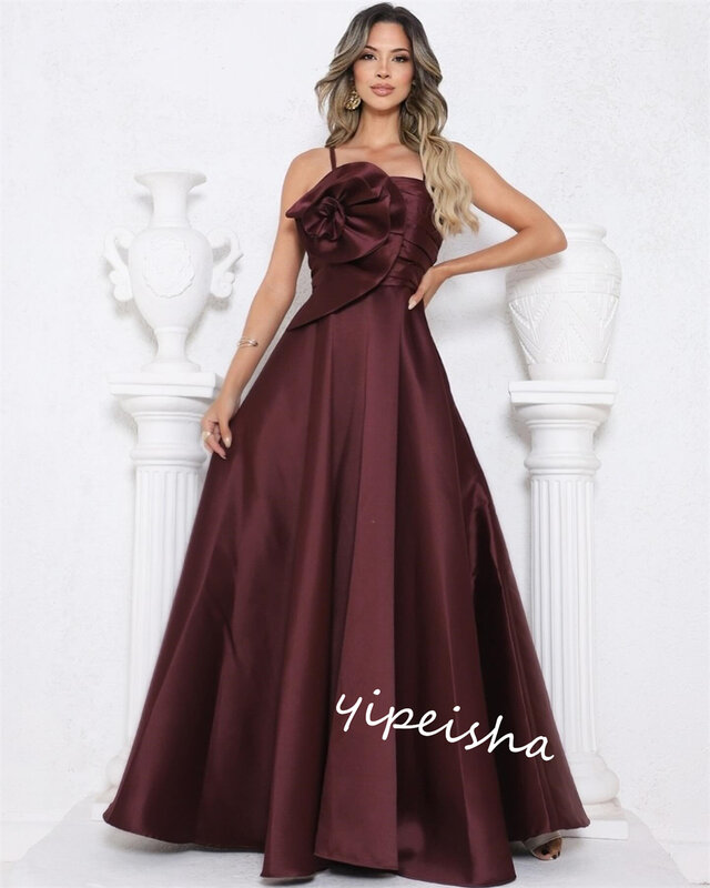 Satin Draped Flower Homecoming Ball Gown Spaghetti Strap Bespoke Occasion Gown Long Dresses