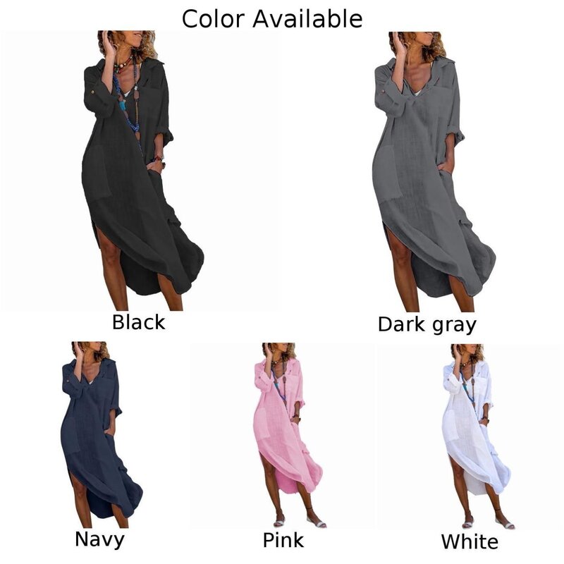 Женское платье-рубашка с разрезом, из дышащего хлопка и льна, макси-кафтан, повседневные свободные длинные топы, пуловер, однотонные женские платья