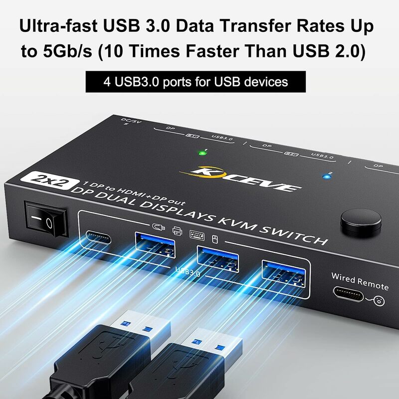 USB3.0 DP KVM przełącza podwójny wyświetlacz DP do HDMI-compatibl DP rozszerzone tryby wyświetlania dwa porty jednocześnie 4K @ 60Hz wideo