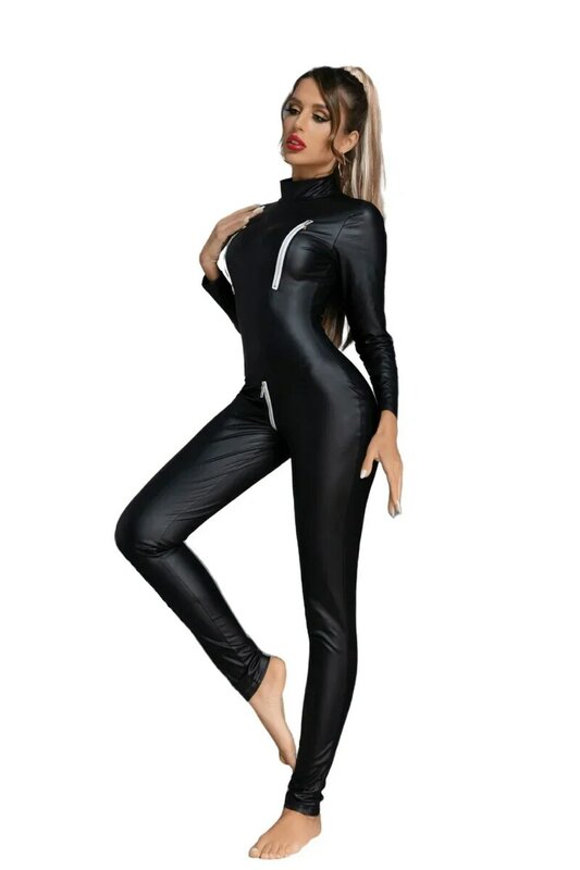 จั๊มสูทหนังสังเคราะห์ PU แขนยาวสีดำสำหรับผู้หญิงชุดรัดรูปแบบเปิดเป้ามีซิปรูดสำหรับไนท์คลับชุดบอดี้สูทเต้นรำ