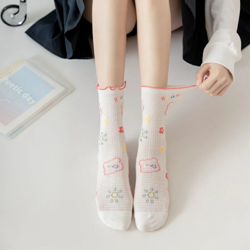 Simpatici calzini in cotone con cappuccio medio traspirante a rete sottile primavera/estate calzini in pile di pizzo giapponese per cartoni animati