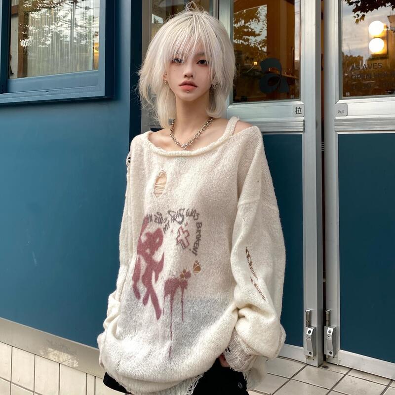 Y2k millennial punk girl tear-through design love graffiti sweater spring casual loose top Harajuku print pullover top