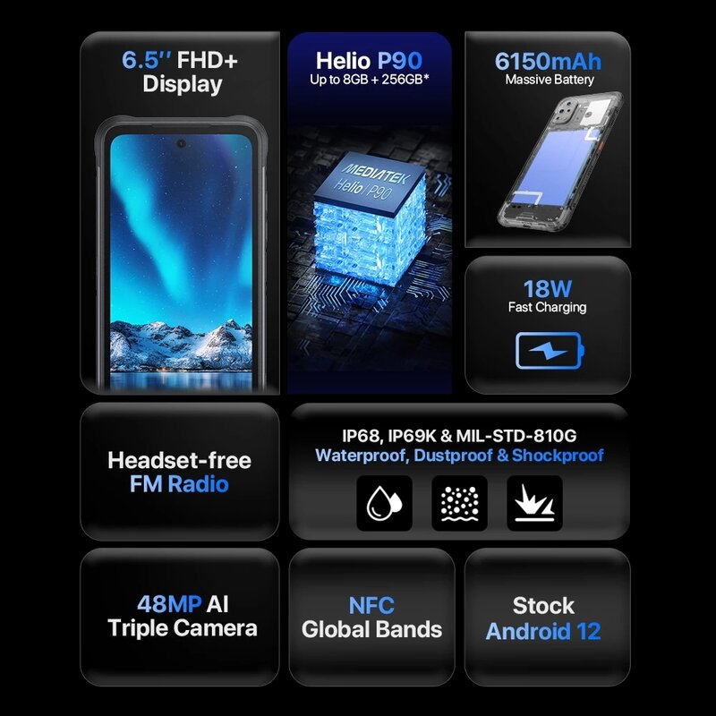 UMIDIGI-BISON 2 Pro Smartphone Android Robusto, Desbloqueado Helio P90, 6.5 ''FHD + 48 MP Câmera Tripla, 6150 mAh, Android 12