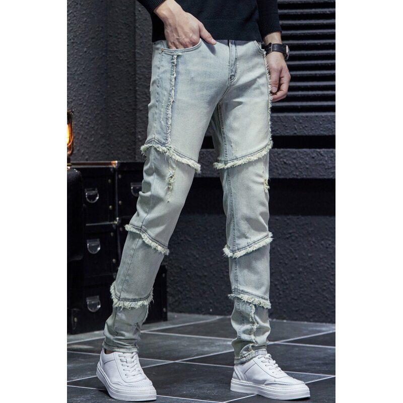 American High Street Jeans Men's Vintage Washed Frayed Casual Fashion Stitching Trendy Slim Stretch Straight Trousers