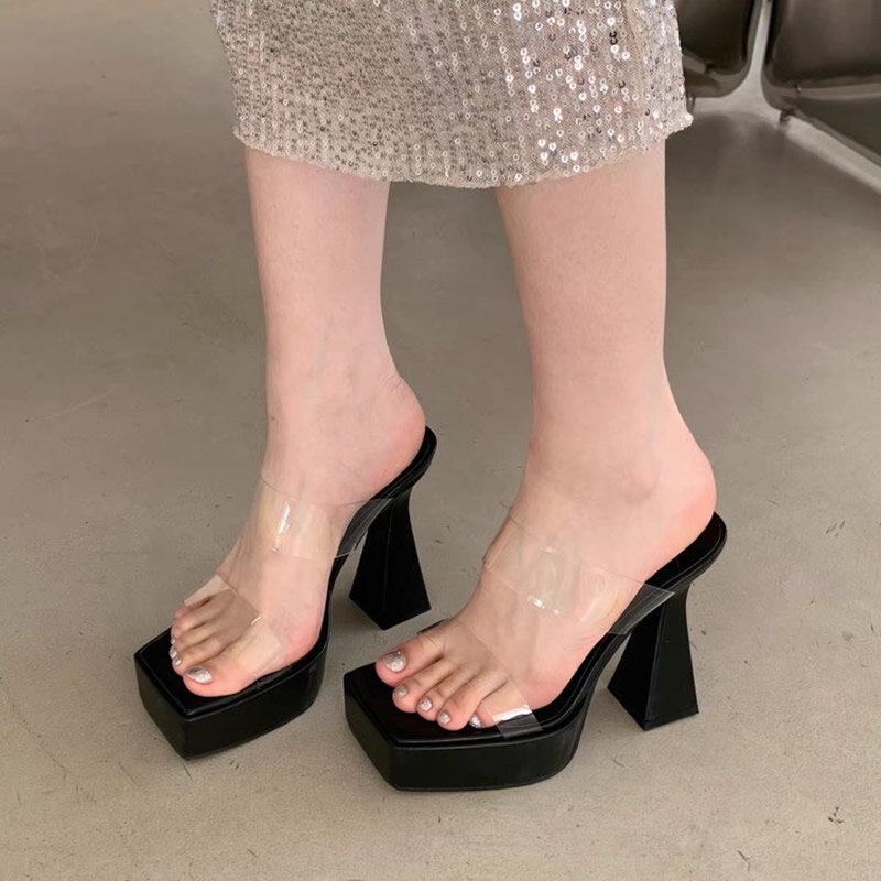 Chinelos de salto alto de toe quadrado para mulheres, calcanhar robusto confortável, slides de cristal, sandálias modernas, moda, 2022, 2024