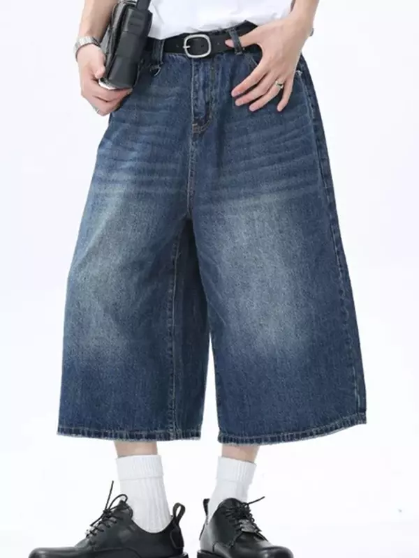Retro High Waist Loose Short Jeans Women's Unisex Style Wide Leg Capris Vintage Street Summer Denim Shorts Large Size Female