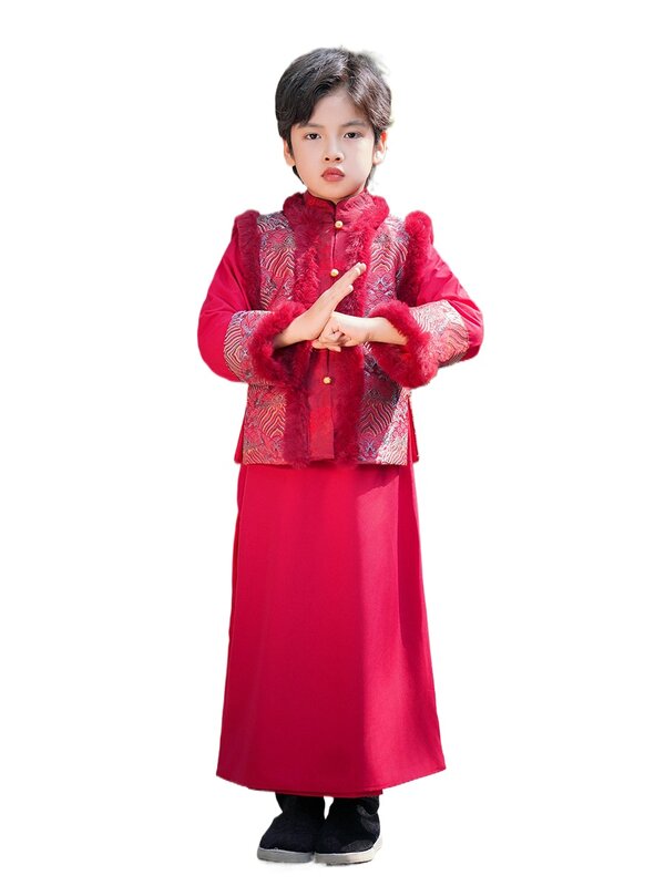 Vestido de felicitación de año rojo de estilo chino Hanfu mejorado para niños, conjunto de Bata larga de cruce para niñas, terciopelo y diseño cálido, invierno, nuevo