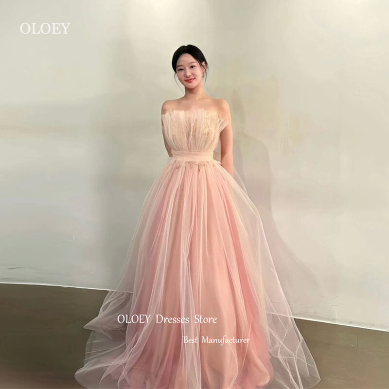 OLOEY Fairy-Vestidos de Noche largos de tul Rosa rubor, longitud hasta el suelo, fiesta de fotos de boda, vestidos formales, espalda de corsé