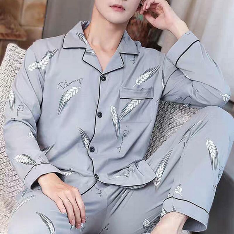 Conjunto de pijama manga comprida masculino, calça confortável, gola de lapela, secagem rápida, estampa para relaxar, primavera, outono