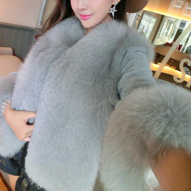 Chaqueta corta de piel de conejo para mujer, abrigo de piel sintética de moda coreana, ajustado