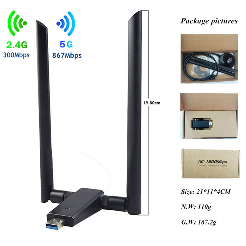Dongle Usb Wi-fi 802.11AC 1200M Ethernet 2 * 6dbi Antena Dual Band Adaptor USB Nirkabel Daya Tinggi untuk Laptop Usb 3.0 Dongle Wifi