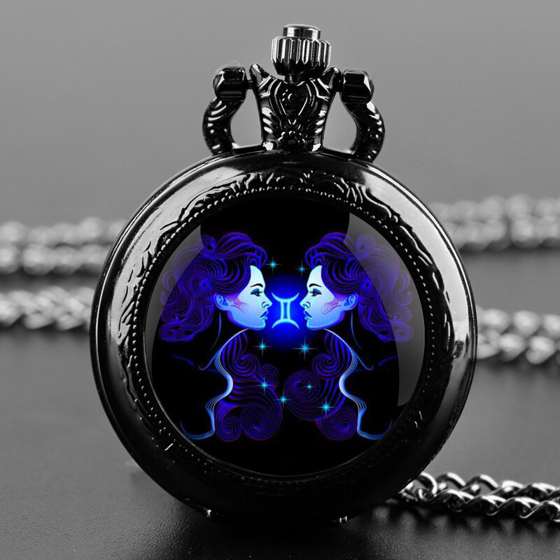 Gemini star jam tangan saku Quartz Pria Wanita, desain tanda bintang kubah kaca liontin rantai kalung hadiah perhiasan