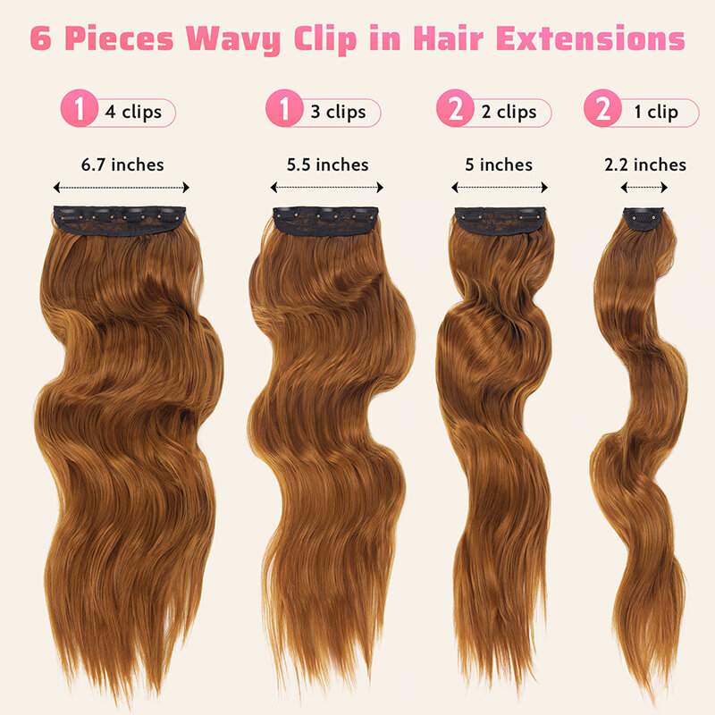 Shine-Extensions de cheveux synthétiques longs ondulés pour femmes, postiche à clipser, fibre haute température, aspect naturel, orange et rouge, 6 pièces