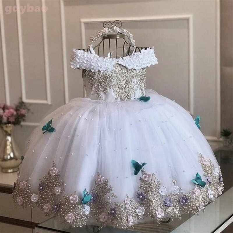 Vestido tutu de renda com pérolas para menina, vestido de princesa com flor, manga comprida, para o natal e aniversário