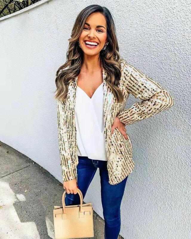 Fashion Sexy Sequin Jacket for Women Open Front Blazer Sparkle Top Long Sleeve Cardigan Coat Bomber Jackets Y2K Blouses Clubwear