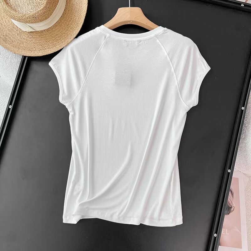 Maxdutti w stylu Basic Slim dopasowane koszulki damska minimalistyczna T-shirt z krótkim rękawem dla kobiet moda eleganckie lato Nordic Tshirt