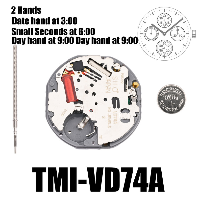 Pergerakan VD74 gerakan Tmi VD74 2 tangan gerakan Multi mata (hari, tanggal, 24 jam, Detik Kecil) Ukuran: 10 ½height Tinggi: 3.45mm