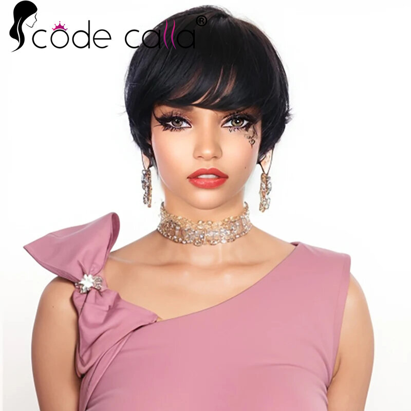 Pelucas de corte Pixie para mujeres negras, cabello humano recto corto con flequillo, en capas, Natural, 9A