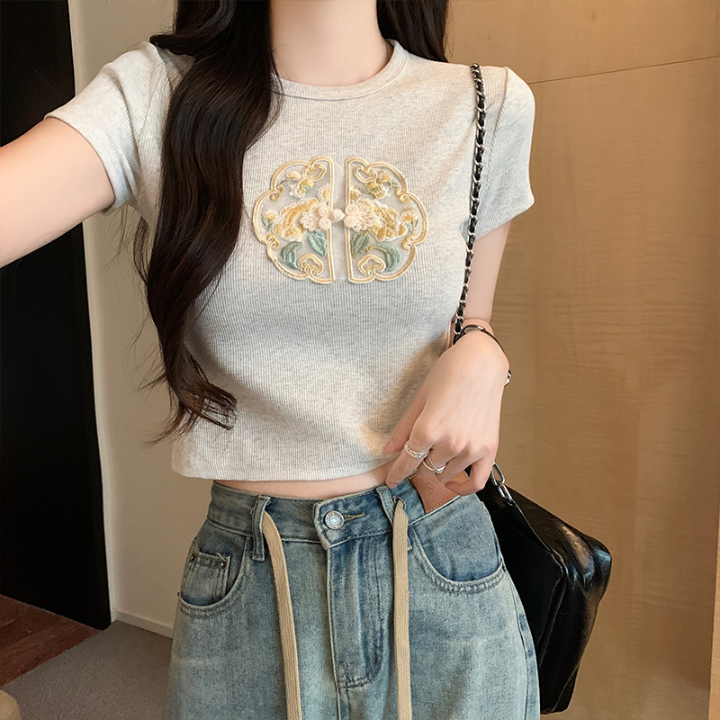 Lksk neues chinesisches Rundhals-Kurzarm-T-Shirt für Damen Sommer neue Slim Fit kleine kurze süße würzige Mädchen Top