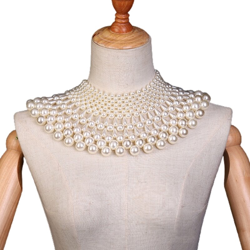 Wedding Dress Statement Necklace Fanshaped Pearl Beaded Bib Choker Collar Shawl
