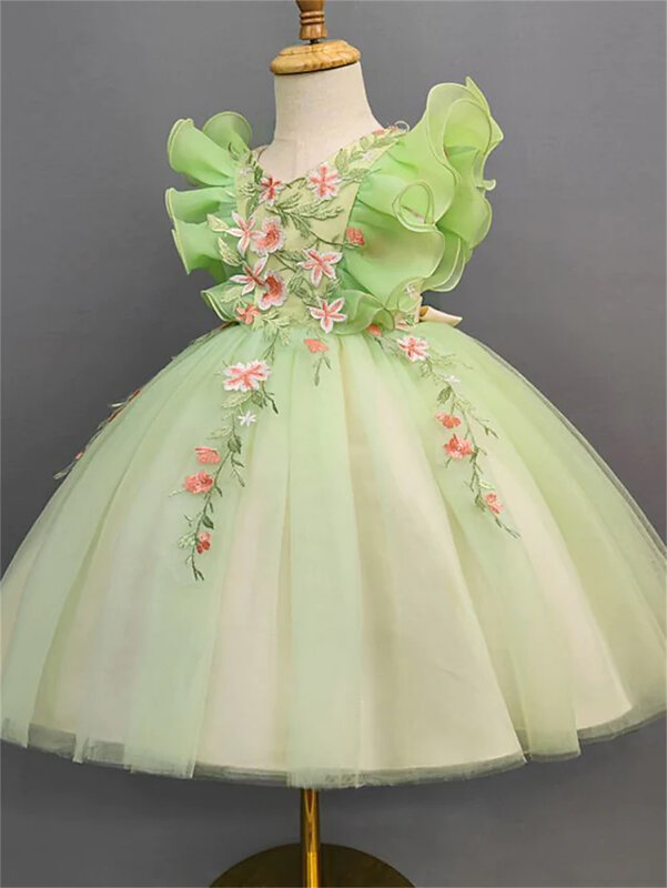 Robe de princesse à manches courtes pour petite fille, coupe régulière, coupe trapèze florale, spectacle de fête, vert, doux, enfants, 3-12 ans