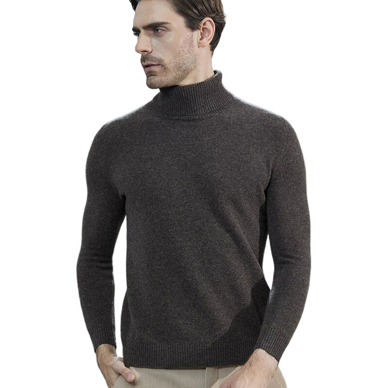 Suéteres de punto de Cachemira para hombre, Jersey grueso de manga larga con cuello alto de lana merina, ropa de otoño e invierno, 100%