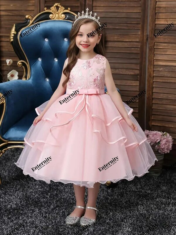 Mädchen Prinzessin Kleid ärmellose Blumen stickerei Bogen A-Linie ärmellose Party Ballkleid fesselnde Vestidos Para Niñas