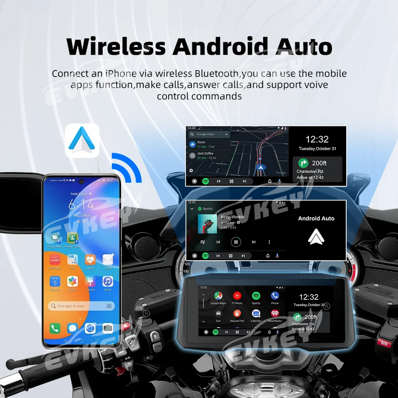 EVKEY Monitor motor portabel, layar tampilan layar CarPlay sepeda motor navigasi nirkabel Android Auto Airplay 7 inci