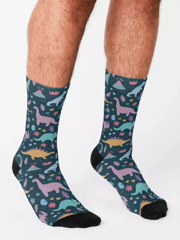 Calcetines deportivos con estampado de dinosaurio para hombre y mujer, medias con diseño de flores y volcanes, ideal para regalo