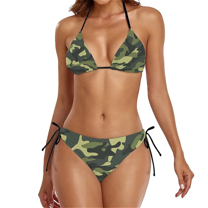 Set Bikini militer Camo wanita seksi kamuflase tentara Bikini baju renang kustom kebugaran DIY pakaian renang tren 2 potong pakaian mandi