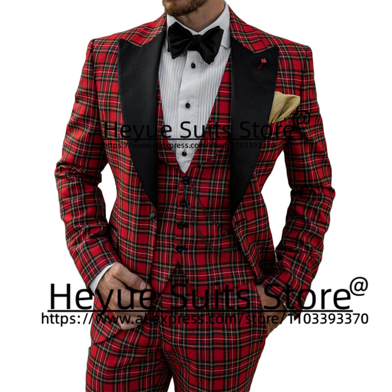 Red Plaid Wedding Suits For Men Slim Fit Black Peak Lapel Groom Formal Tuxedos 3 Pieces Sets Business Male Blazer Costume Homme