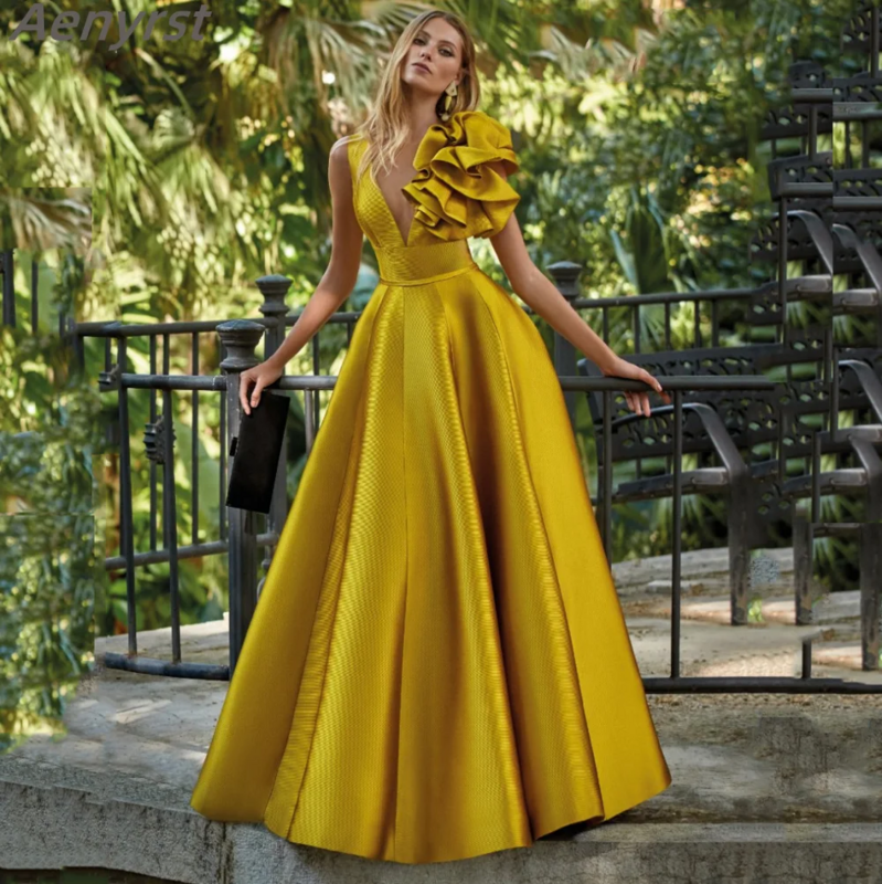 Gelbe Ballkleider tiefe V-Ausschnitt plissierte Party kleider ärmel los eine Linie Frauen Abendkleider boden lange Vestidos de Gala