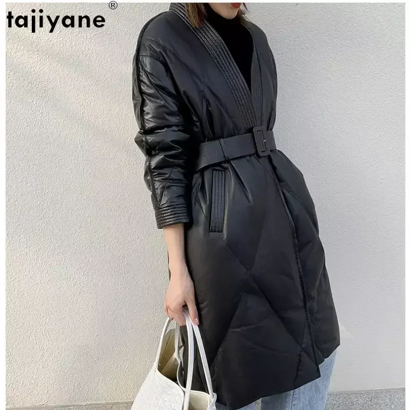Tajiyane-女性の本革のジャケット,女性のシープスキンジャケット,コート,ロング,2023冬用ベルト