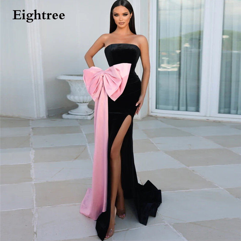 Eightree-Vestidos de Noche de sirena de terciopelo negro, Sexy, sin mangas, vestido Formal para ocasiones, abertura alta, vestidos de graduación sin tirantes, lazo rosa grande