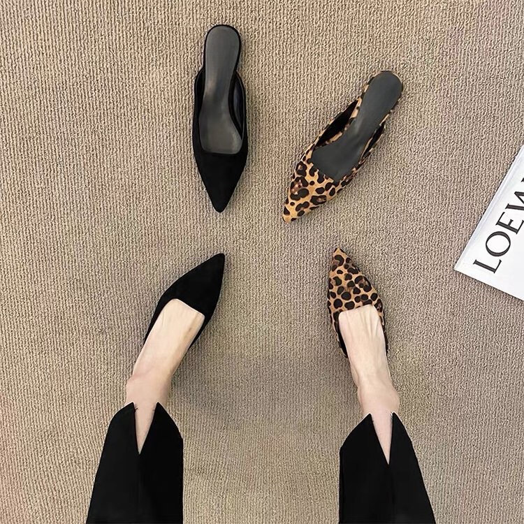 Women Slippers Pointed Toe Leopard Design Shallow Slip on Thin Low Heels Black Flock Design Casual Mules Loafers Black Outdoor