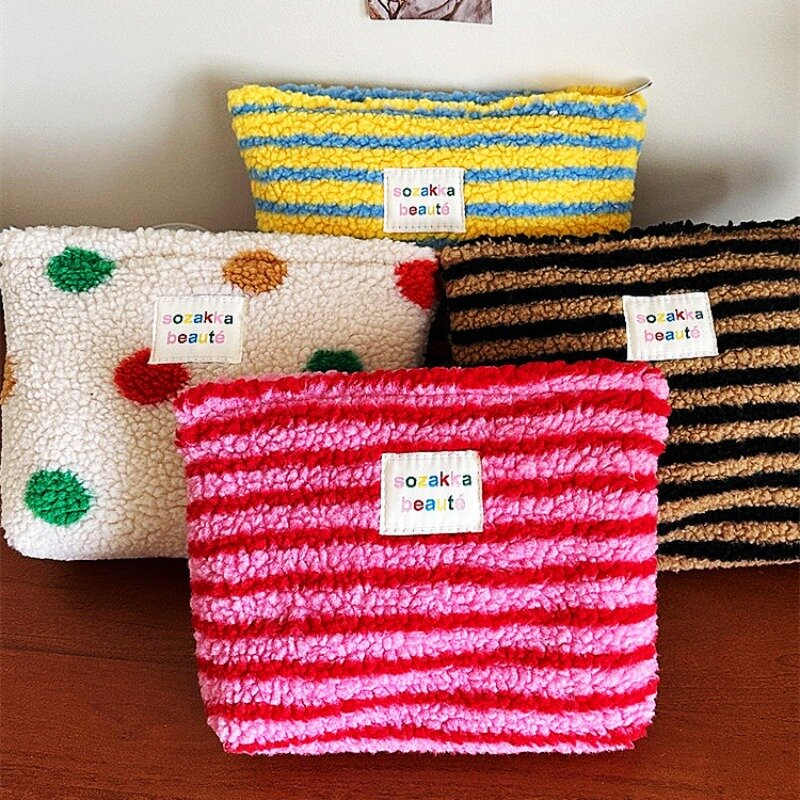 New Colorful Striped Dot Plush Clutch Cosmetic Bag Large Capacity Makeup Pouch Toiletries Bag Travel Outdoor Makeup Storage