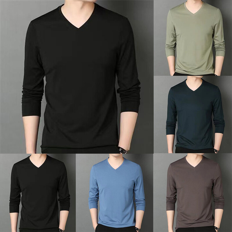 Men Long Sleeve T-Shirt Slim Fit V Neck Bottom Wear Workout Tee Solid Thin Elasticity Blouse Casual Thermal Homewear Autumn Top