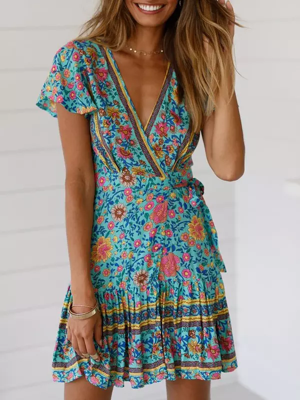 Vintage Chic Fashion Women Hippie Floral Print scollo a v Bohemian Mini Dress Ladies manica corta Summer Beach Wrap Boho Dresses