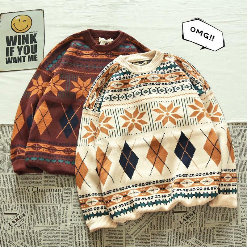 2023 Pullovers Vintage Retro Christmas Sweater Couple  Men's Knitted Sweater Winter Warm Casual Korean Streetwear Harajuku