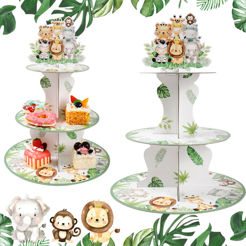 Jungle Animals Safari Cupcake Stand Baby Shower decorazioni per feste di compleanno supporto per Cupcake bambini Wild One Party Supplies