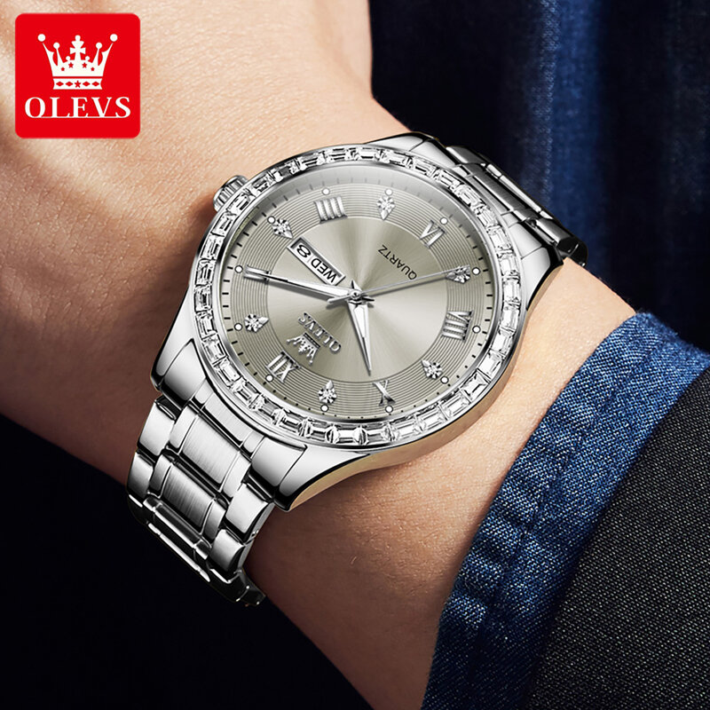 OLEVS-reloj analógico de acero inoxidable para hombre, accesorio de pulsera de cuarzo resistente al agua con diseño de diamante, complemento Masculino de marca de lujo con esfera luminosa y calendario