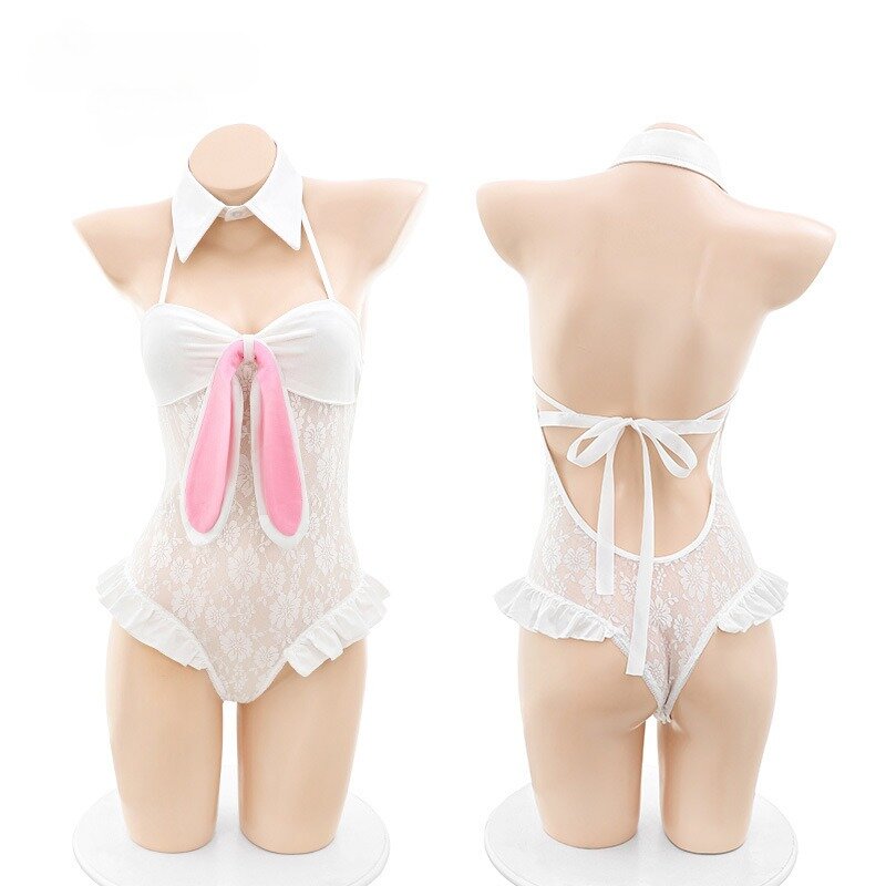 Sweet Bunny Girl Cosplay Costumes Sexy Lace Open Crotch Bodysuit Women Pornos Suit Erotic Lingerie Sexy Crotchless Teddies White